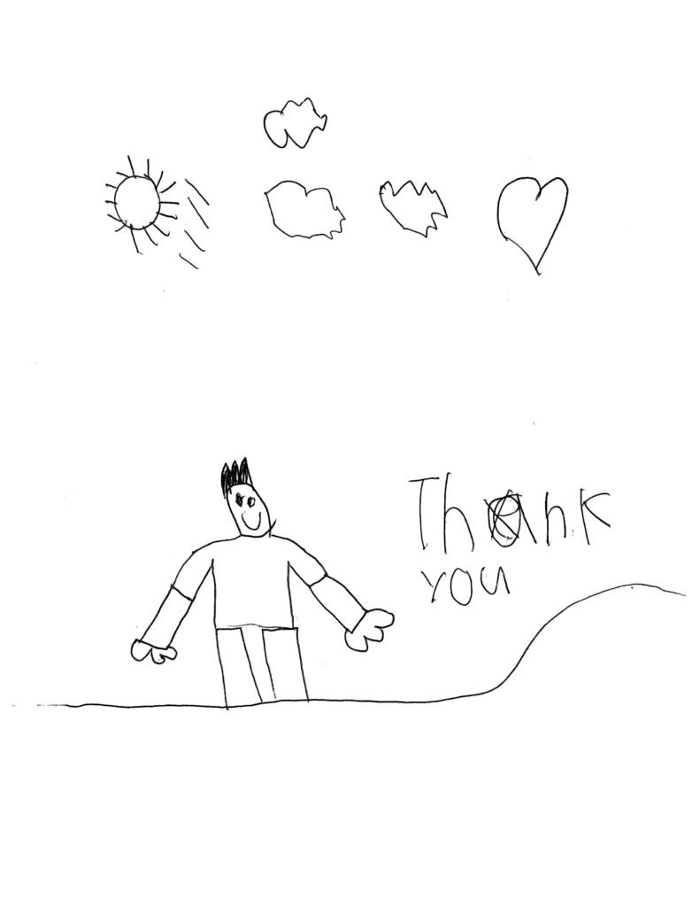Child's drawing of person outside with sun and clouds, and the words "Thank you"