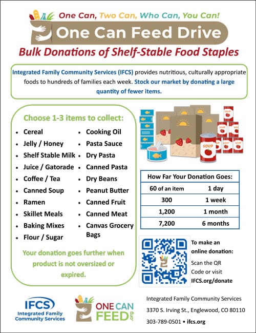 Flyer promoting IFCS Food Drive needs for bulk items