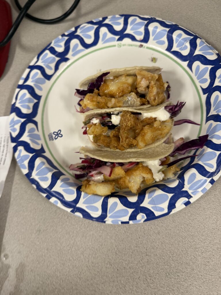 Assembled fish tacos.